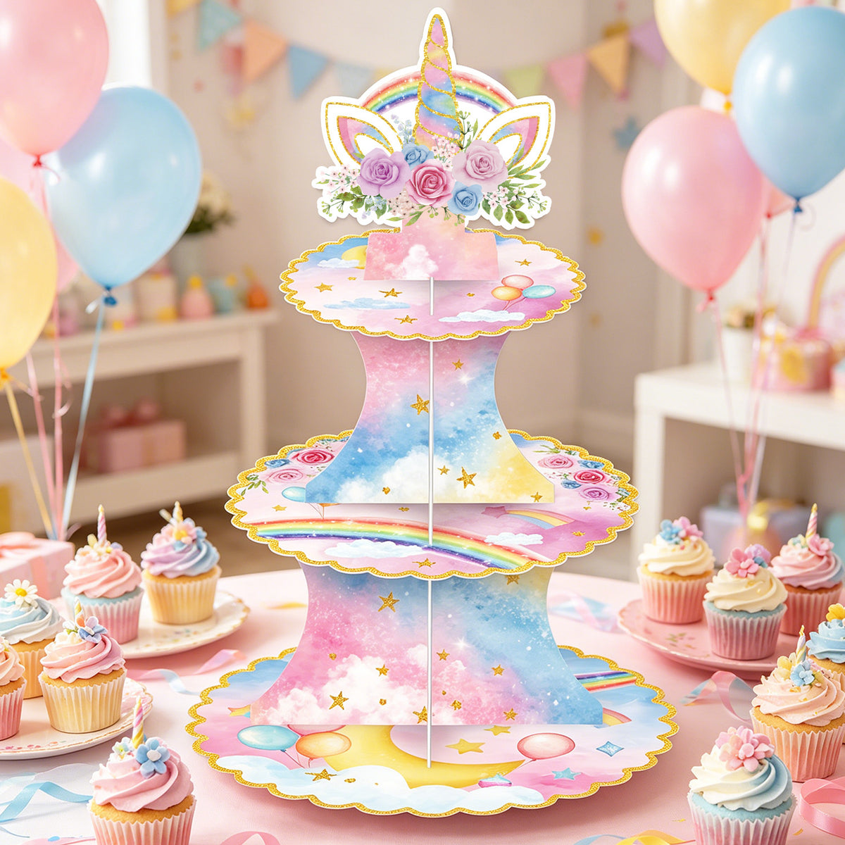 3 Tier Rainbow Cupcake Stand, Pastel CupCake Holder for Birthday Pink Blue Cardboard Cupcake Stand for Dessert Table Display, Rainbow Cup cake Stand for Birthday, Baby Shower, Wedding Decor
