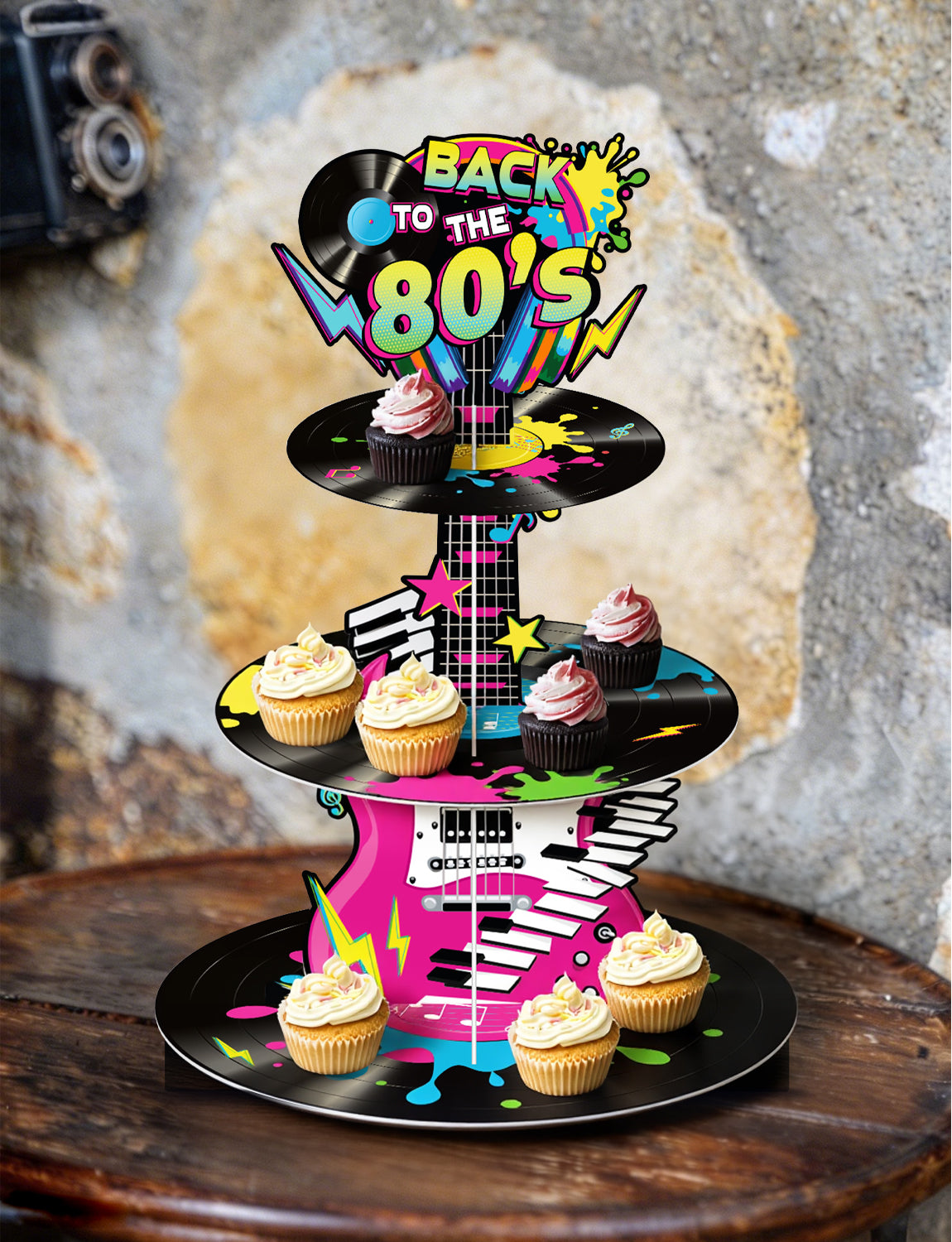 3 Tier Cupcake Stand, 80s Cupcake Holder for 80's Party Decor Large Cardboard Cupcake Stand for Dessert Table Display, Retro 1980s Cupcake Holder for Hip Hop Rock Music 80s Birthday Decor