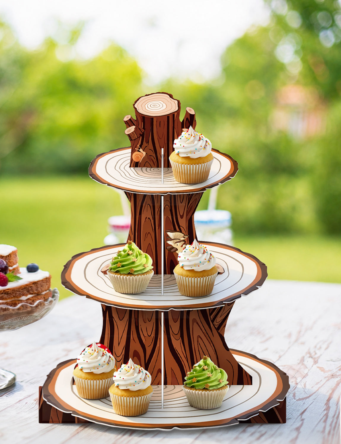 Woodland Cupcake Stand, Cake Stand for Dessert Table Display 3 Tier Rustic Cake Stand, Large Cardboard Cupcake Holder for Woodland Birthday, Safari, Baby Shower and Camping Decor