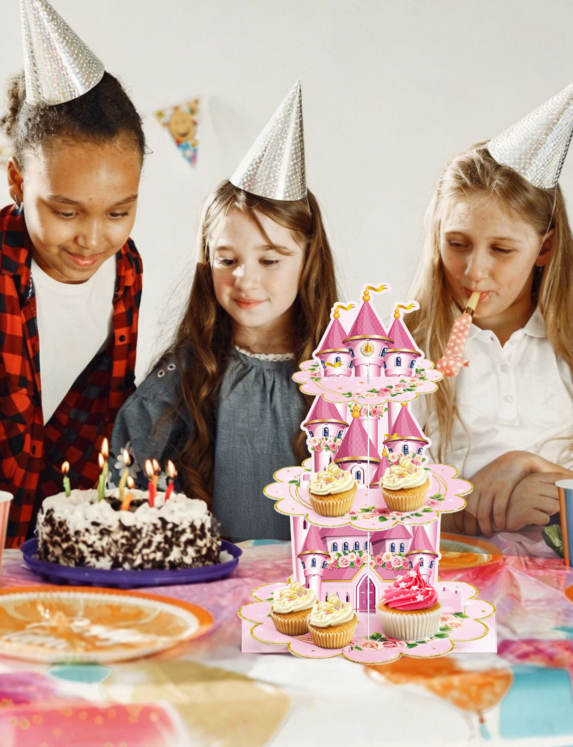 3 Tier Princess Cupcake Stand, Pink Cupcake Holder for Birthday Princess Castle Cake Stand for Dessert Table Display, Cardboard Cupcake Stand for Baby Shower Fairy Princess Party Decoration