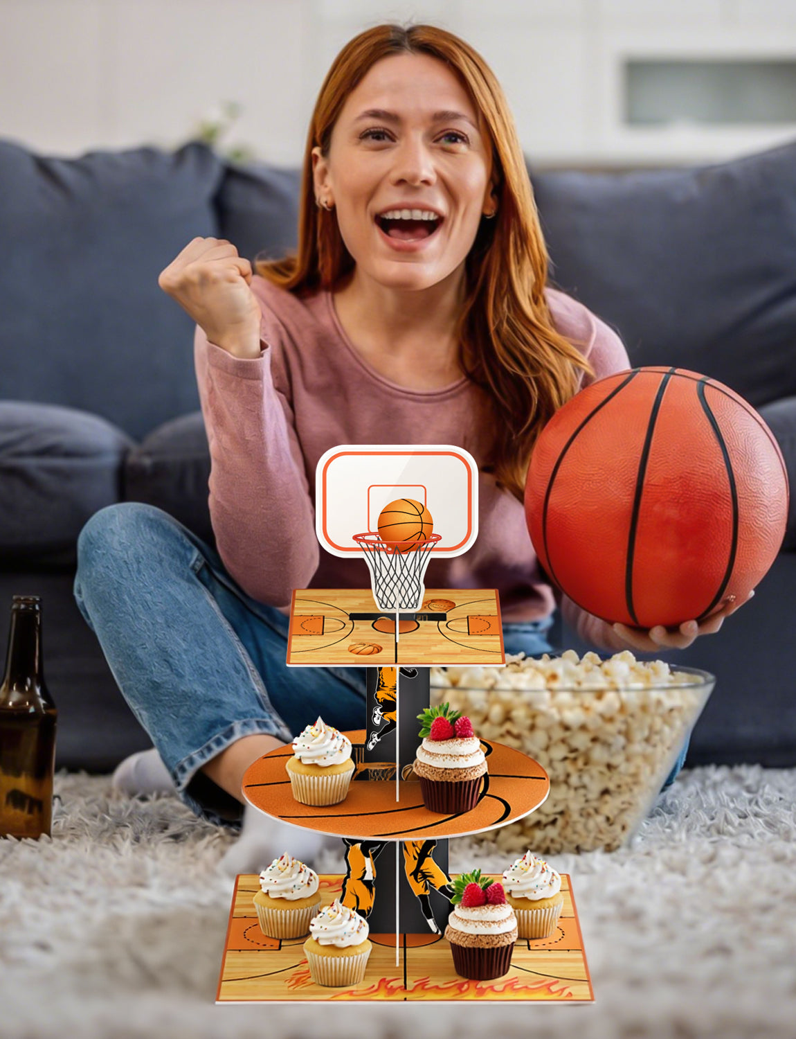 3 Tier Basketball Cupcake Stand, Basketball Birthday Party Decor Large Cardboard Cake Stand for Dessert Table Display, Basketball Cupcake Holder for Boys and Girls Sports Theme Party Decor