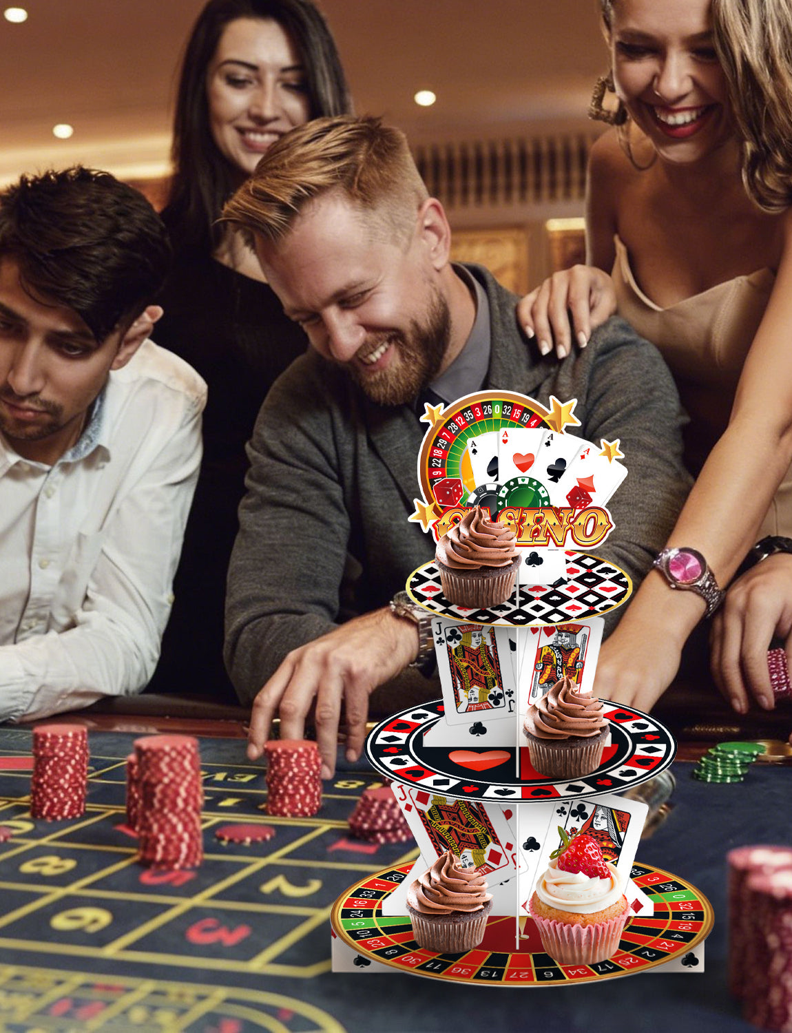 Casino Cupcake Stand, 3 Tier Cupcake Holder for Game Night Decor Poker Cup Cake Stand for Dessert Table Display, Large Cardboard Cupcake Stand for Las Vegas Night Birthday Party Decorations
