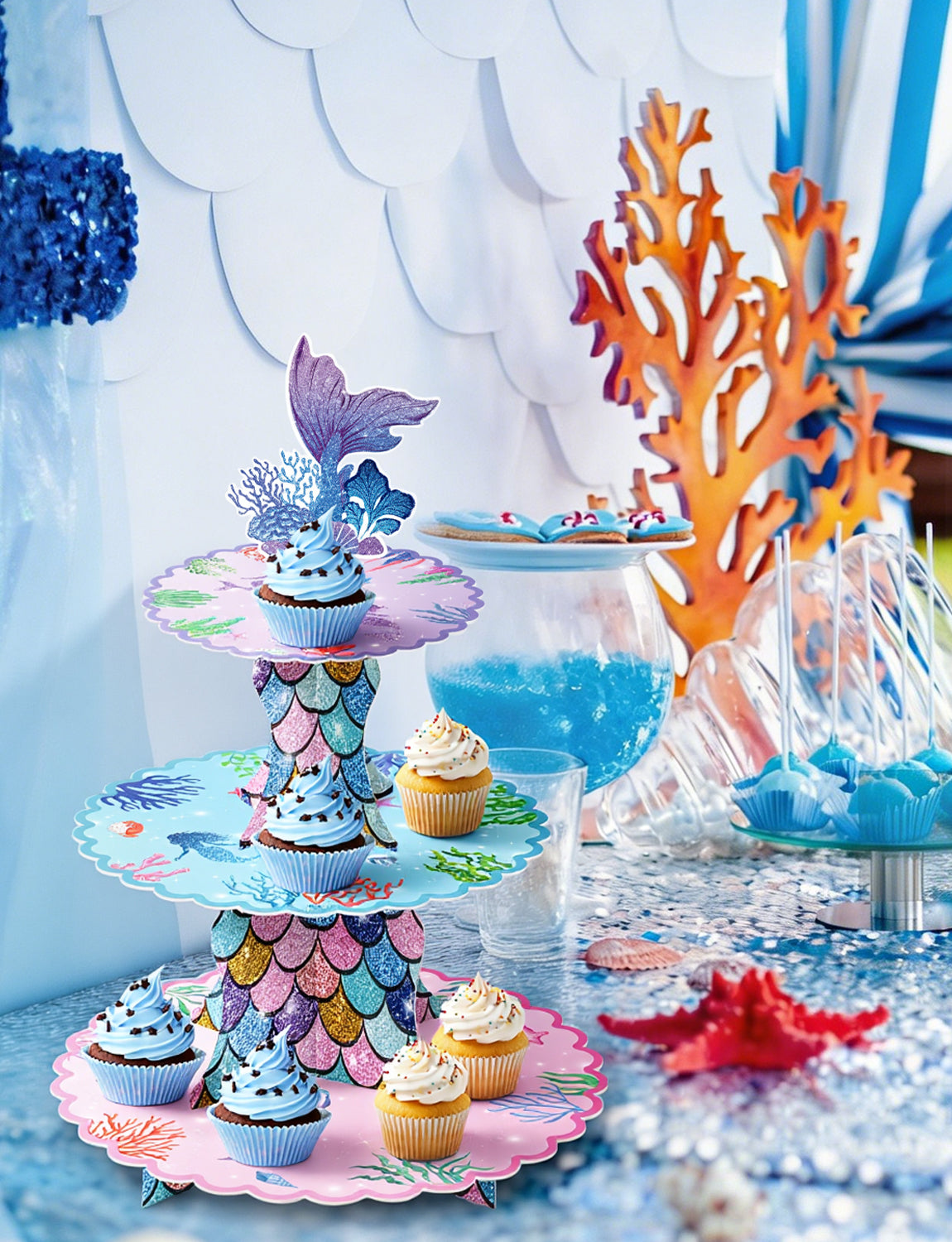 3 Tier Mermaid Cupcake Stand, Mermaid Birthday Party Decorations Mermaid Cupcake Holder for Dessert Table Display, Large Cardboard Cupcake Stand for Baby Shower, Under The Sea Party Supplies
