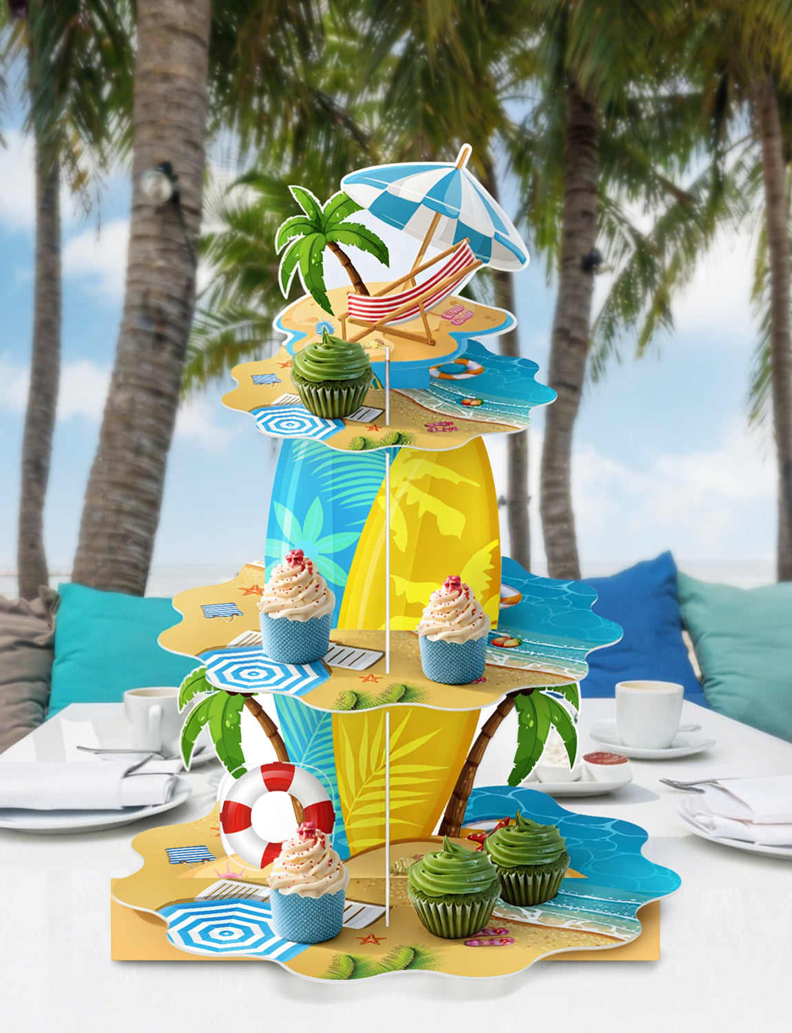 3 Tier Summer Beach Cupcake Stand, Hawaiian Cupcake Holder Stand Large Cardboard Cupcake Stand for Dessert Table Displays, Pool Cup cake Stand for Birthday Baby Shower Beach Tropical Decor