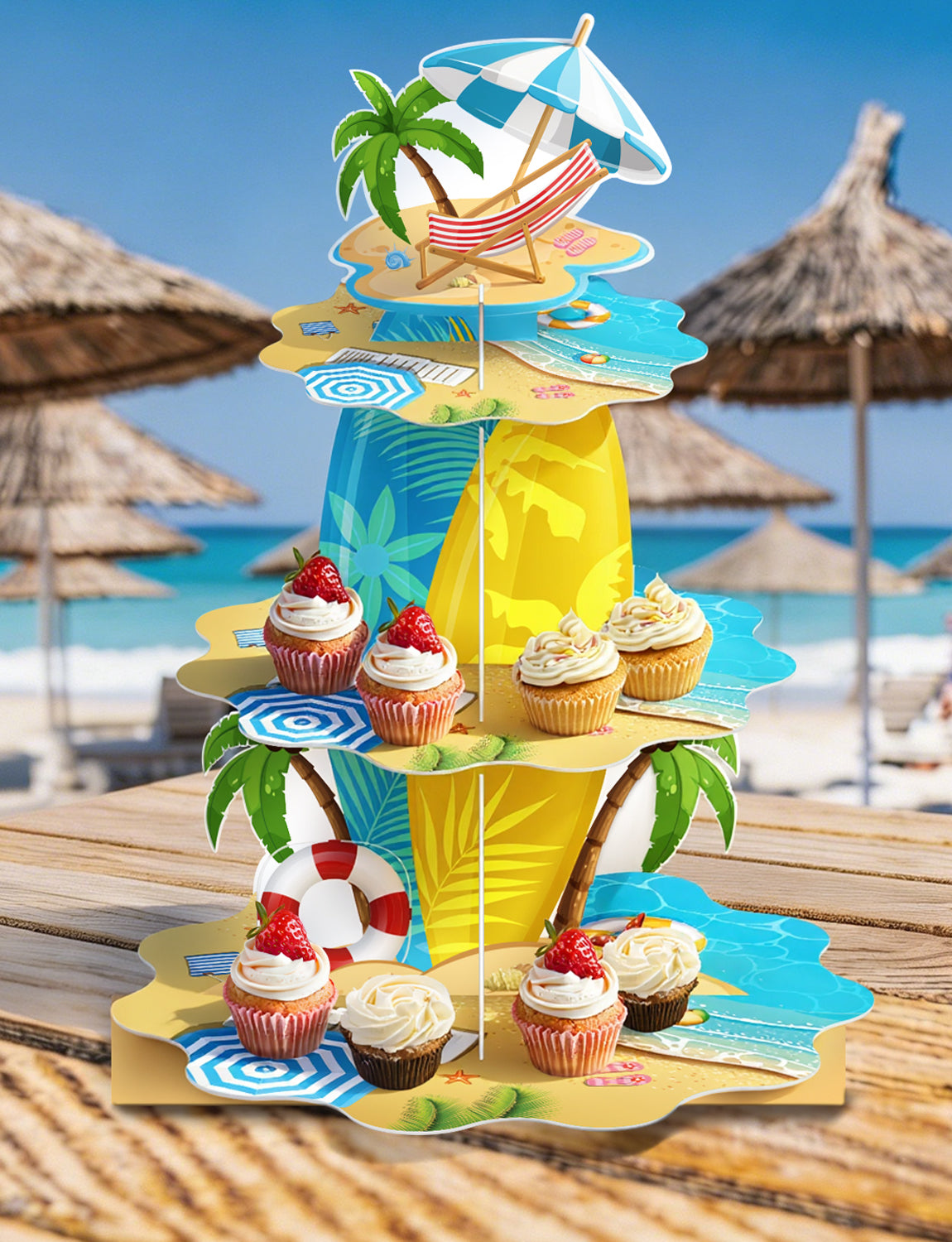 3 Tier Summer Beach Cupcake Stand, Hawaiian Cupcake Holder Stand Large Cardboard Cupcake Stand for Dessert Table Displays, Pool Cup cake Stand for Birthday Baby Shower Beach Tropical Decor