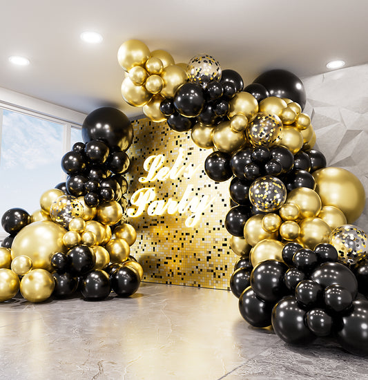 Haolongfa Black and Gold Balloons Garland Arch Kit,129pcs 18/12/10/5 Inch Black Gold Confetti Latex Balloons for Graduation Birthday father's day balloons Anniversary Wedding Party