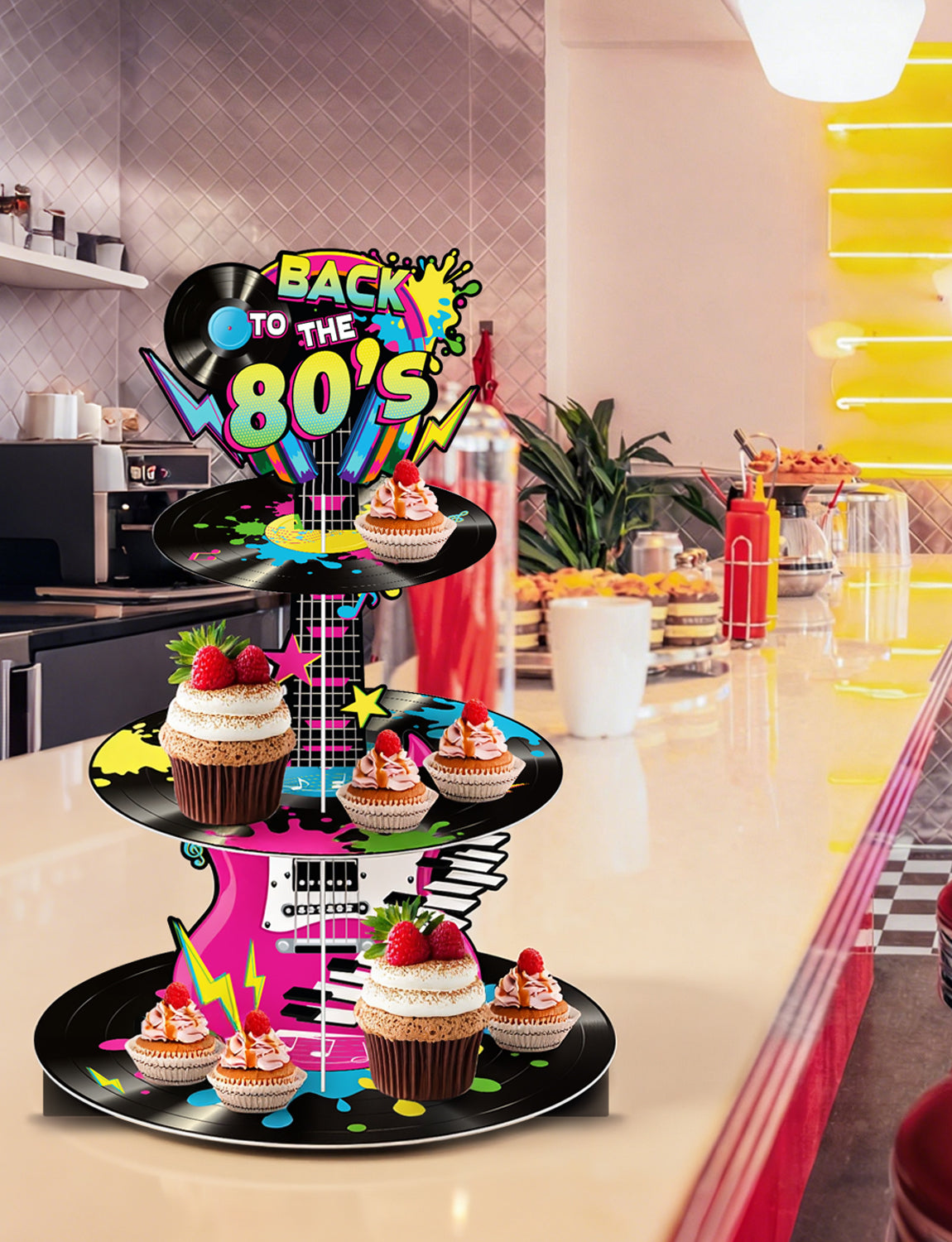 3 Tier Cupcake Stand, 80s Cupcake Holder for 80's Party Decor Large Cardboard Cupcake Stand for Dessert Table Display, Retro 1980s Cupcake Holder for Hip Hop Rock Music 80s Birthday Decor