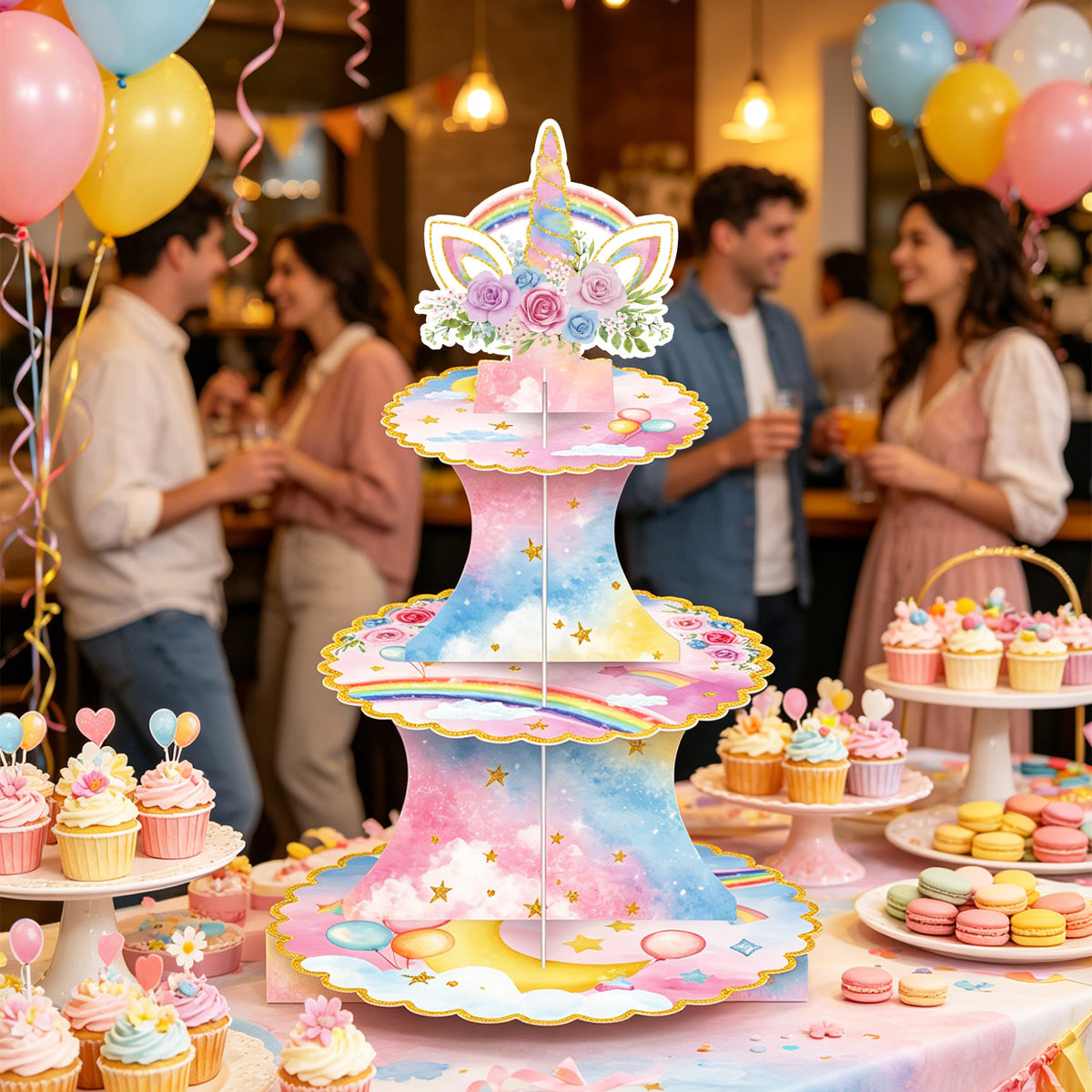 3 Tier Rainbow Cupcake Stand, Pastel CupCake Holder for Birthday Pink Blue Cardboard Cupcake Stand for Dessert Table Display, Rainbow Cup cake Stand for Birthday, Baby Shower, Wedding Decor