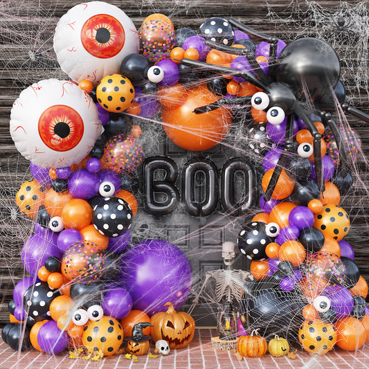 Halloween Balloon Garland Arch Kit, 138PCS Purple Orange and Black Balloons with BOO Foil Balloons, Spider Web, Eyeball Balloons for Birthday, Halloween Party Decorations Indoor Outdoor