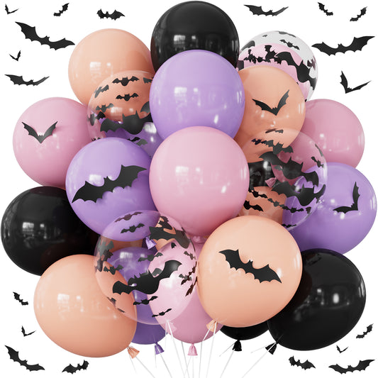 Halloween Balloons, Pastel Latex Balloons for Halloween Decor 12In Black, Purple and Pink Balloons with Bat Print and 3D Bat Stickers for Cute Ghost Spooky Halloween, Birthday Party Decor
