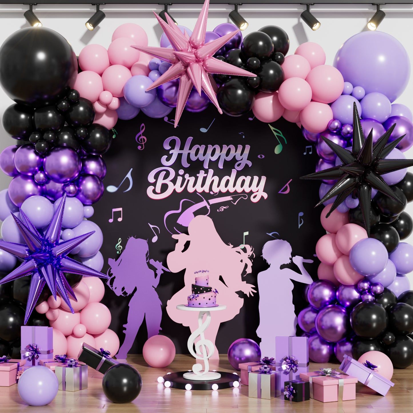 Pink and Purple Balloon Arch Garland Kit, 109PCS Pink Purple Black Balloons with Starburst Foil Balloons, Trendy Music Birthday Decorations for Girls and Teens, Concert and Movie Fans Party Supplies