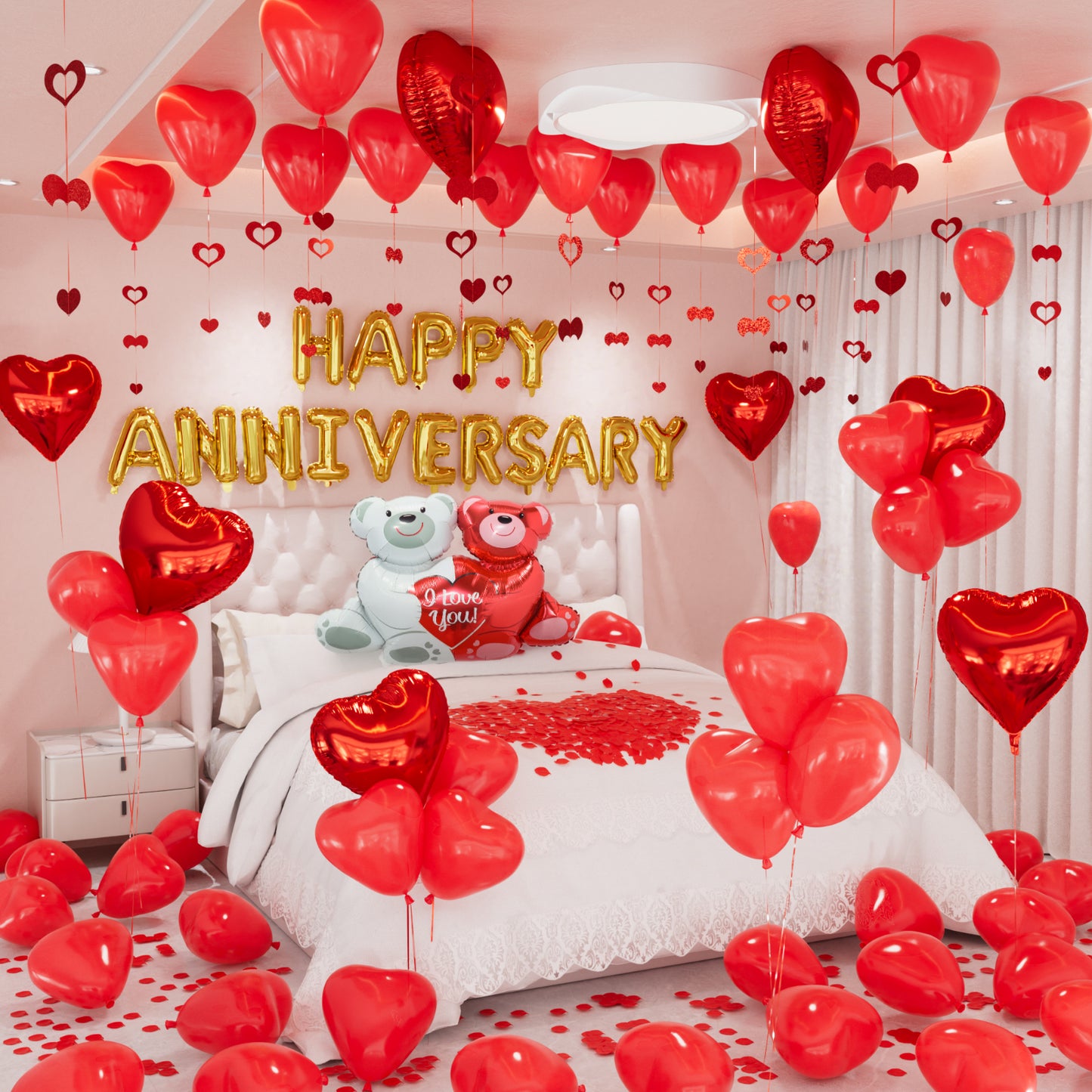 Happy Anniversary Balloon Decorations Set, Red Heart Balloons with Rose Petals, Happy Anniversary Banner, Couple Bear Balloon and Heart Hanging String, Romantic Decor for Valentine's Day,Special Night