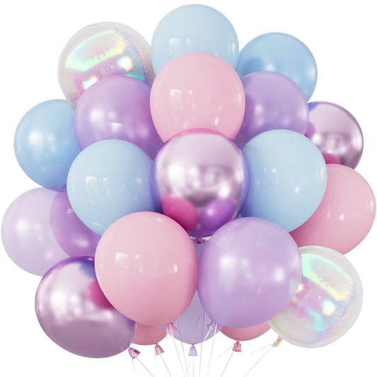 Pink Purple Blue Balloons, 50 Pcs Iridescent Mermaid Balloons 12 Inch Metallic Pastel Pearl Pink, Blue and Purple Balloons with 4D Foil Balloons, for Mermaid Princess Birthday Party Decor