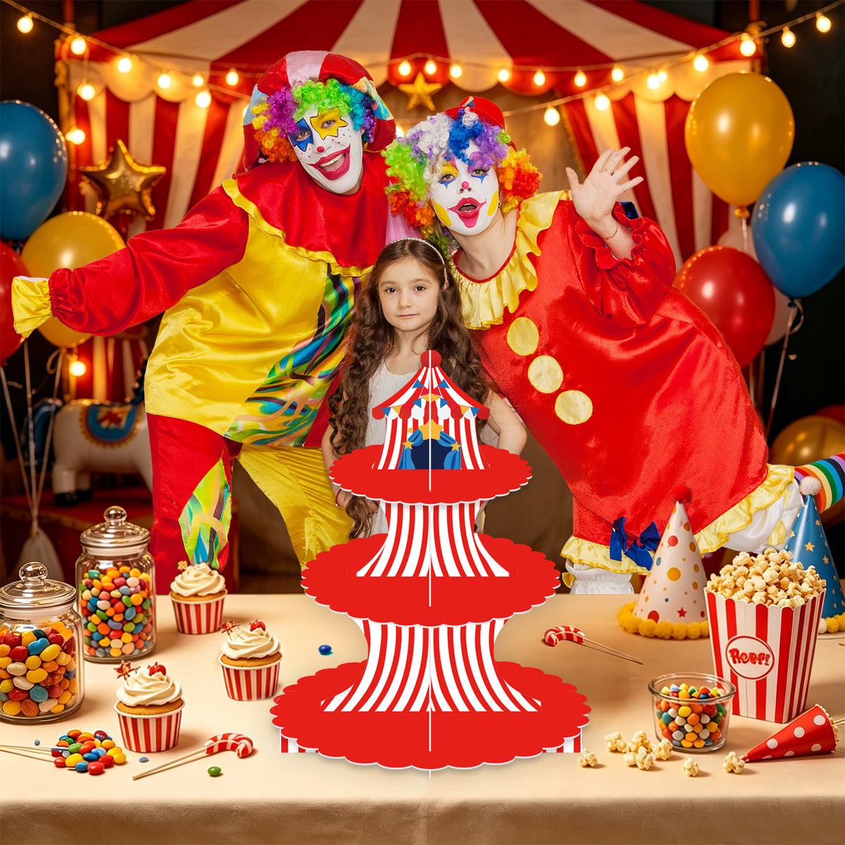 3 Tier Cupcake Stand, Circus Carnival Cupcake Holder for Birthday Circus Tent Cake Stand for Dessert Table Displays, Red White Cardboard Cupcake Stand for Baby Shower and Circus Party Decor