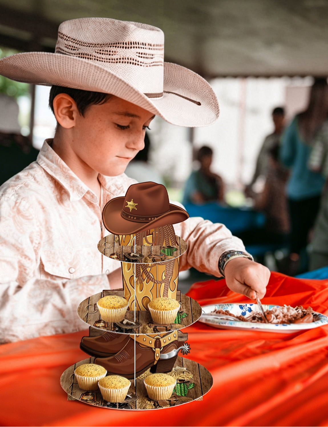 3 Tier Western Cupcake Stand, Cowboy Cupcake Holder for Birthday Western Cup Cake Stand for Dessert Table Display, Cardboard Cupcake Stand for Wild West Birthday Baby Shower Decorations