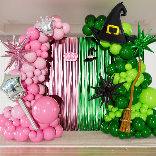Pink and Green Balloon Garland Arch Kit - Wicked Balloon Arch Kit, Pink Green Balloons and Foil Fringe Curtains, Witch Hat Crown Exploding Star Broom Balloons for Birthday,Wicked Themed Party Decor