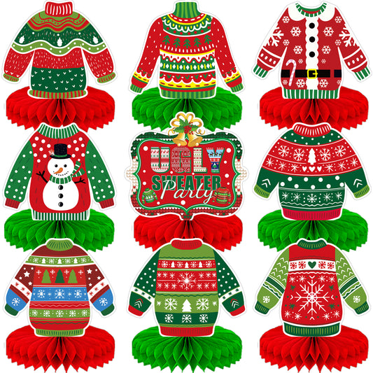 Christmas Ugly Sweater Party Table Decorations, 9 Pcs Ugly Sweater Honeycomb Centerpieces, 3D Funny Holiday Table Topper for Christmas Party Supplies, Winter Home & Office Decor