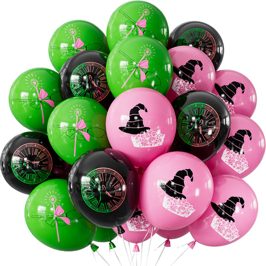 Haolongfa Wicked Balloons Set - 12 Inch Pink Green and Black Balloons with Spellbinding Witch Prints, Latex Halloween Balloon for Birthday, Cosplay, Magic Party, Theater, Kids Witch Themed Party