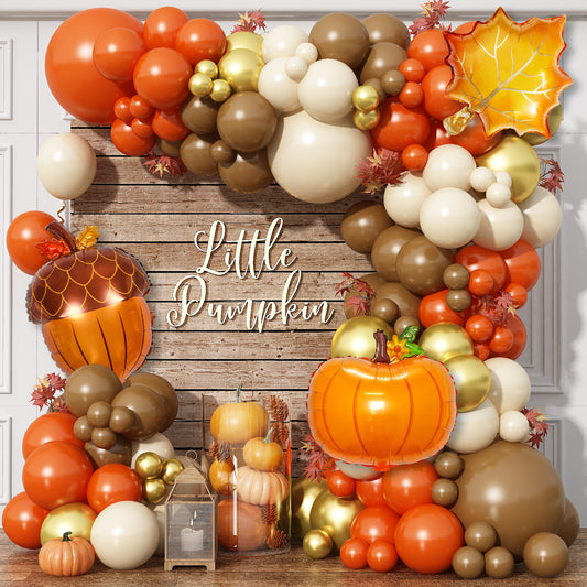 Fall Thanksgiving Balloons Garland Arch Kit, 146Pcs Sand Coffee Burnt Orange and Gold Balloons with Foil Pumpkin Balloon for Little Pumpkin Baby Shower, Harvest, Birthday, Fall Thanksgiving Decor