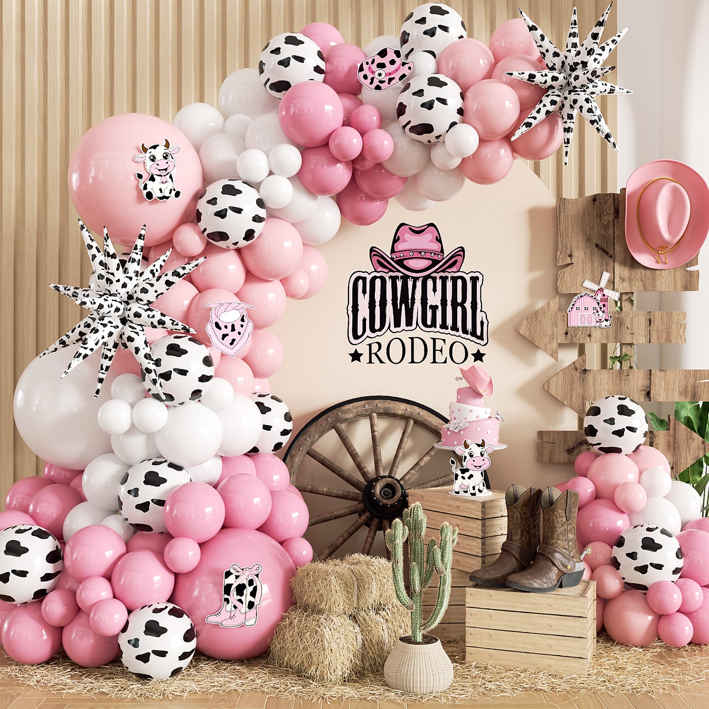 Cowgirl Balloon Arch Kit with Cow Print Balloons for Cowgirl Party Decor | Pink and White Balloons, Cow Cutouts, Cowprint Star Foil Balloons, Western Theme Party Decor for Cowgirl Baby Shower Birthday