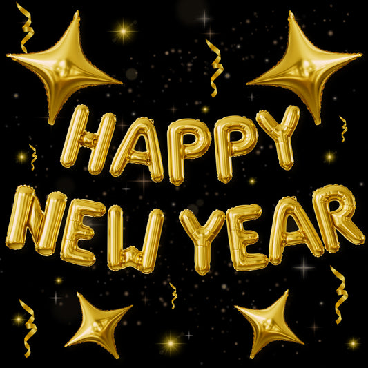 Gold Happy New Year Balloons Set, 16 Inch Gold Foil Letter Balloons with Star Balloons, 2026 New Year Eve Party Decorations, Festive Celebration Supplies for Countdown, Home, Bar & Photo Booth Decor
