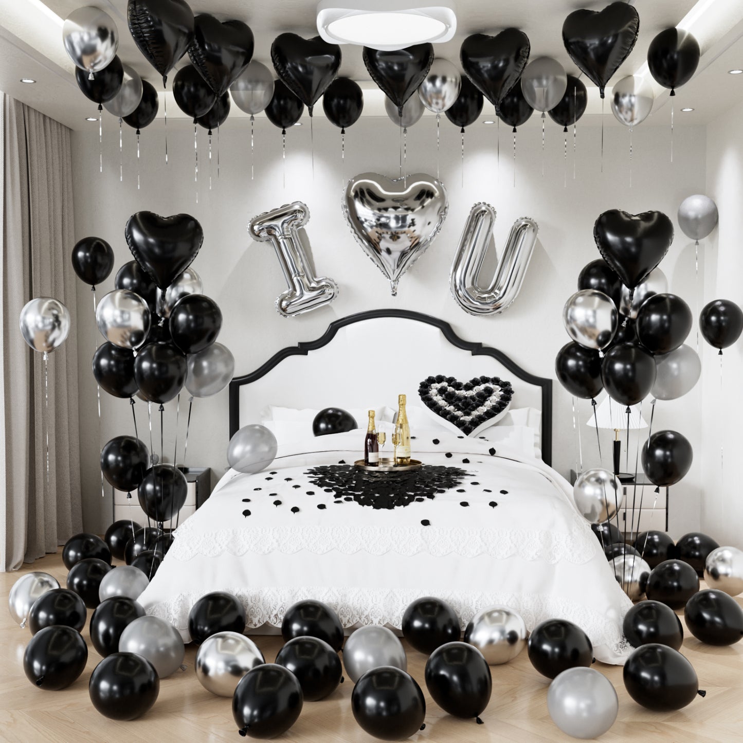 I Love You Balloon for Him or Her, Black Silver Valentines Balloons with Heart Shaped Balloons, Artificial Rose Petals, Romantic Valentines Day Decoration, Proposal, Anniversary, Date Night Supplies