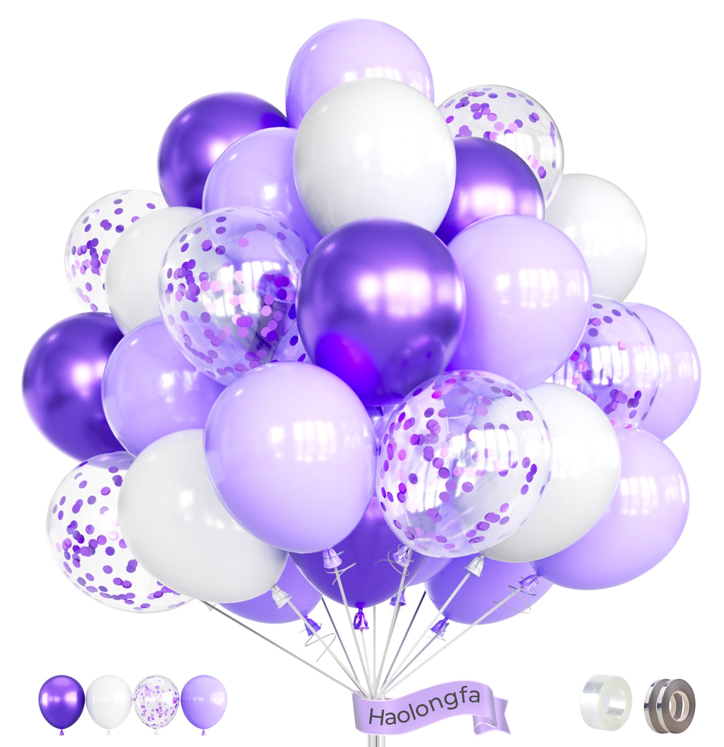 Haolongfa Pastel Purple Balloons, 12 Inch 60pcs Purple and White Balloons with Confetti Balloons, Lavender Lilac Balloons for Mother's Day/Birthday/Baby Shower/Graduation/Wedding Decorations