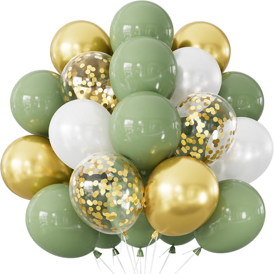 Sage Green and Gold Balloons, 24pcs 12 Inch Sage Green White Metallic Gold Confetti Latex Balloons for Baby Shower Birthday Wedding Bridal Shower Engagement Party Decorations