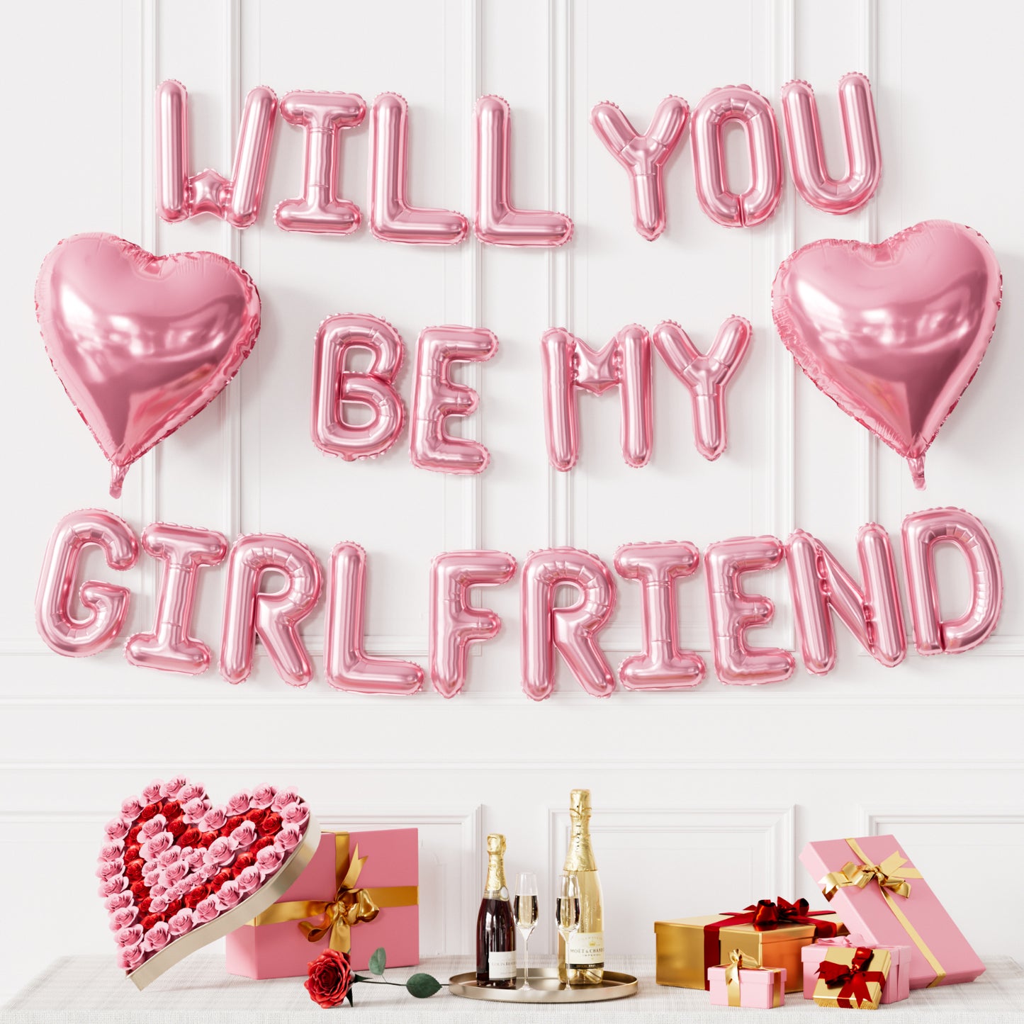 Pink Will You Be My Girlfriend Balloons Set, Valentines Day Balloon Banner with Pink Heart Foil Balloon, Romantic Proposal Decoration for Asking Girlfriend, Dating Surprise, Bedroom Decor