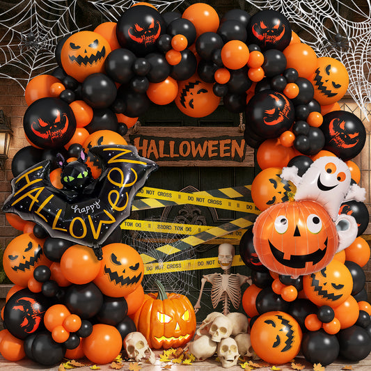 Halloween Balloon Garland Arch Kit, 122 Pcs Orange and Black Printed Latex Balloons with Pumpkin Bat Foil Balloons for Halloween Birthday Party Decor Indoor Outdoor