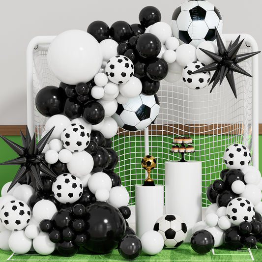 Soccer Balloon Garland Arch Kit - Black and White Football Print Balloons Arch Kit with Foil Football Starburst Balloon for Sports Fan, Birthday Party, Baby Shower, Soccer Theme Party Decorations