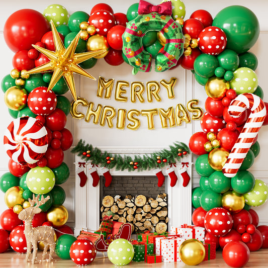Christmas Balloon Garland Arch Kit, 132PCS Red Green Gold Xmas Balloons with Candy Cane, Wreath, Star, Merry Christmas Foil Balloons for Xmas Decor, Holiday Party Supplies Indoor Outdoor