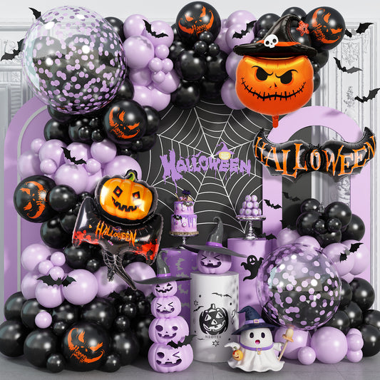 Halloween Balloon Garland Arch Kit, 113PCS Purple Black Latex Balloons with Bobo Balloon, Pumpkin Bat Ghost Foil Balloons and PVC Bat for Halloween Birthday Party Decorations Indoor Outdoor