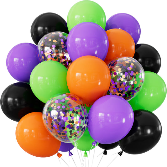 Halloween Balloons, 50 Pcs 12 Inch Black Orange Green Purple Confetti Latex Balloons, for Kids Birthday, Haunted House, Spooky Theme, Halloween Party Decorations