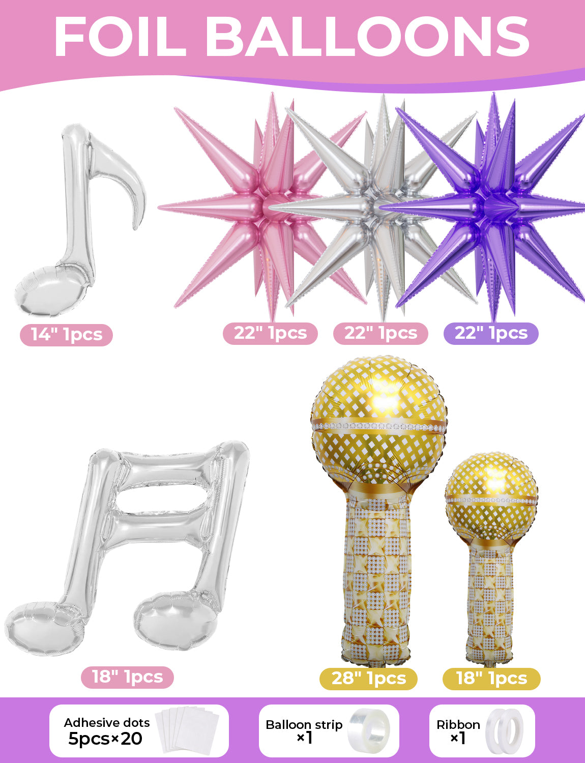 Pink and Purple Balloon Garland Arch Kit, 144 PCS Purple and Pink Balloons with Music Notes, Microphone and Starburst Foil Balloons, for Girls Birthday Party, Karaoke, Pop Music Theme Decorations