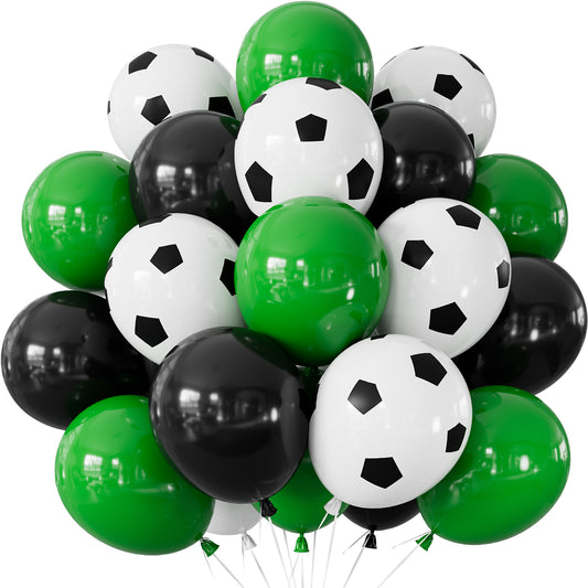 Soccer Balloons, 50 Pcs 12 Inch Green Black Soccer Print Latex Balloons for Boys Kids Soccer Birthday Party Decorations, Sports Theme Party Supplies