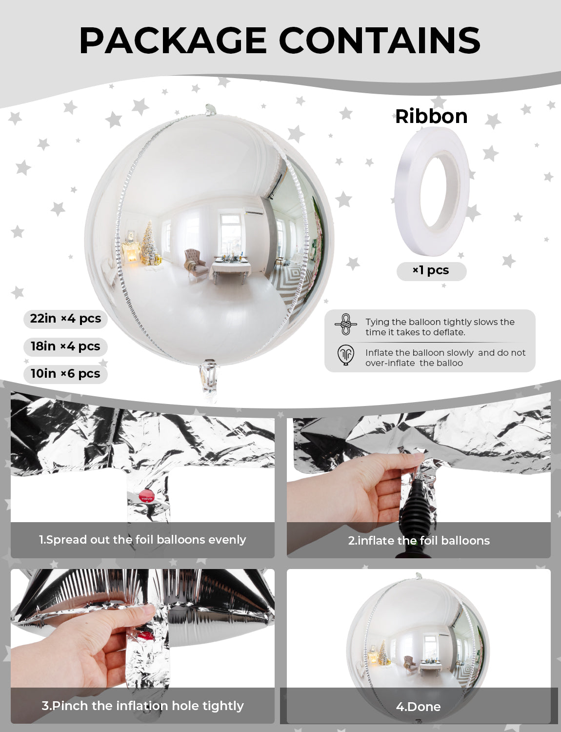 Haolongfa Silver Foil Balloons, 22/18/10 Inch 4D Round Mylar Balloons Set, Large Metallic Silver Balloons Different Sizes,Chrome Balloons Helium Balloons, for New Year Eve, Wedding Anniversary