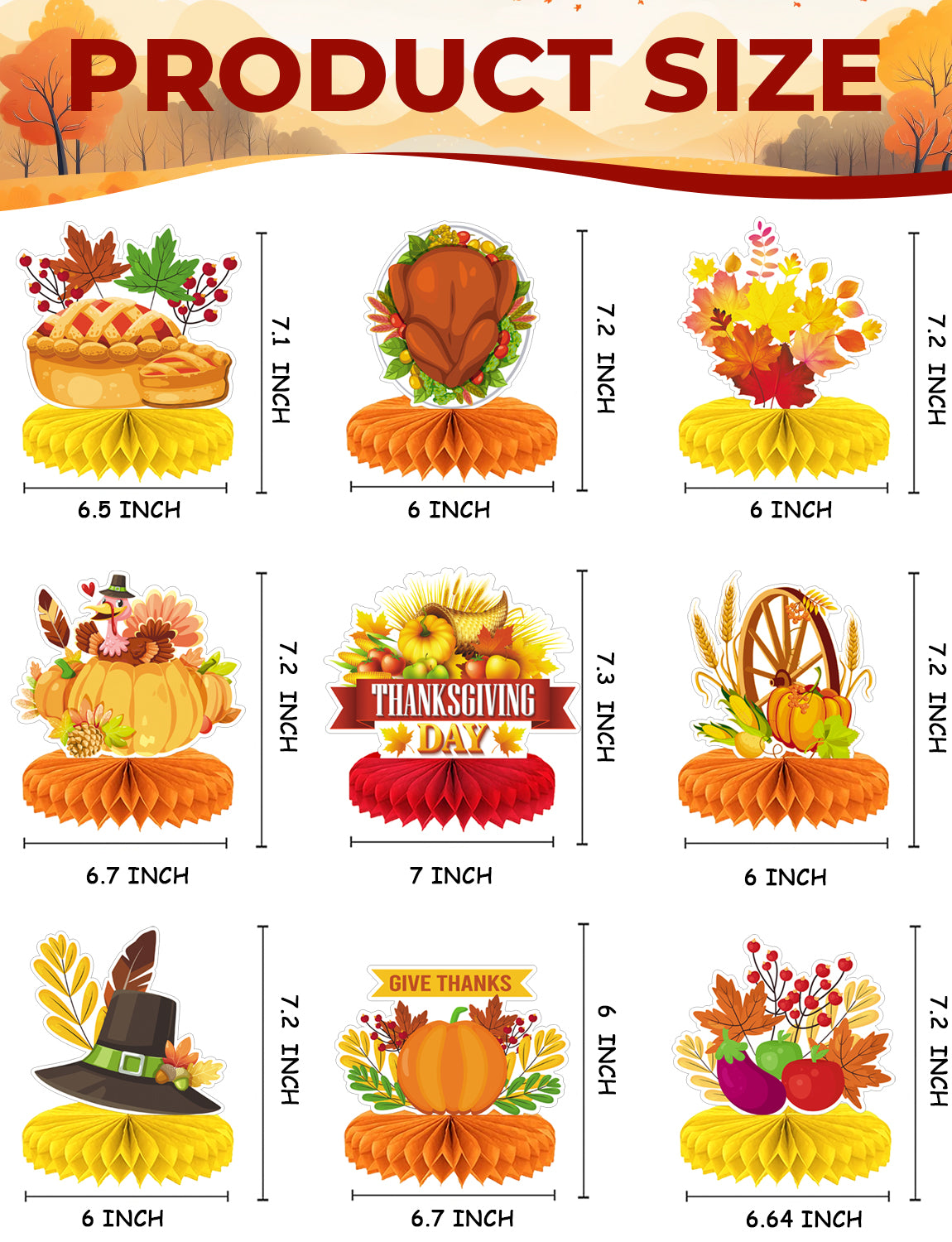 Thanksgiving Table Decorations - 9Pcs Fall Honeycomb Centerpieces for Tables with Pumpkins, Sunflowers, Scarecrow, Squirrel for Thanksgiving Dinner, Autumn Harvest Festival, Rustic Fall Party Decor