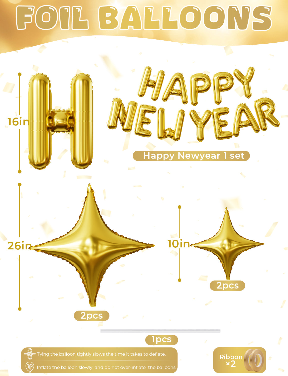 Gold Happy New Year Balloons Set, 16 Inch Gold Foil Letter Balloons with Star Balloons, 2026 New Year Eve Party Decorations, Festive Celebration Supplies for Countdown, Home, Bar & Photo Booth Decor
