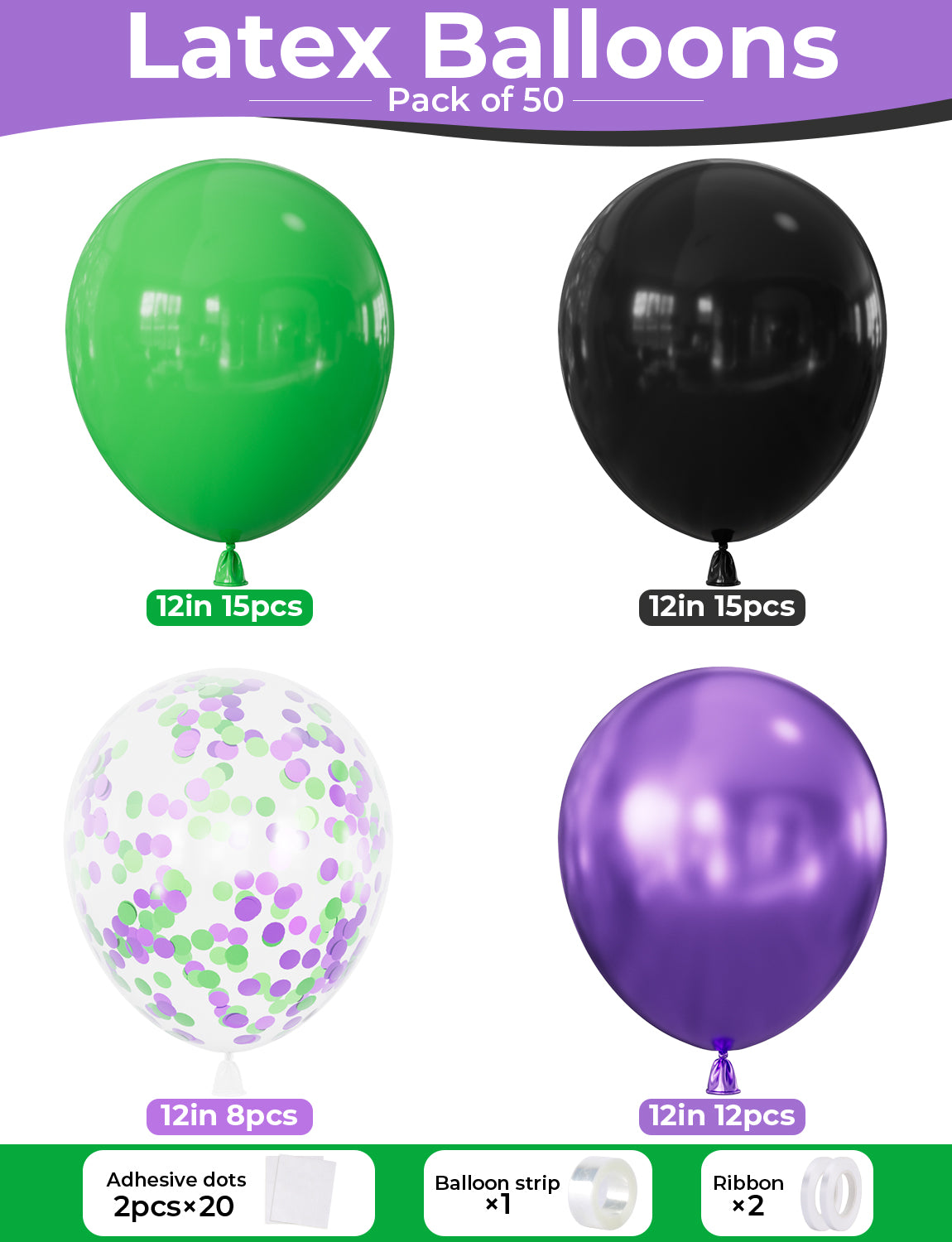 Green and Purple Balloons, 50 Pcs Halloween Balloons Party Decor 12 Inch Black, Metallic Purple and Green Balloons with Confetti, for Halloween, Birthday, Baby Shower Party Decor