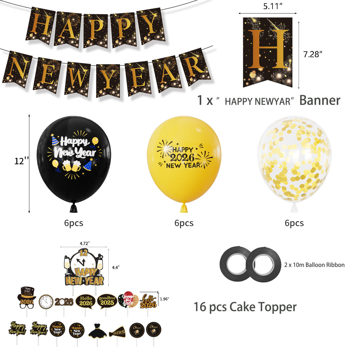 Happy New Year Decorations 2026 Set – Black & Gold Balloons, Happy New Year Banner, Cupcake Toppers, New Years Eve Party Supplies for Countdown Celebration & Home Decor