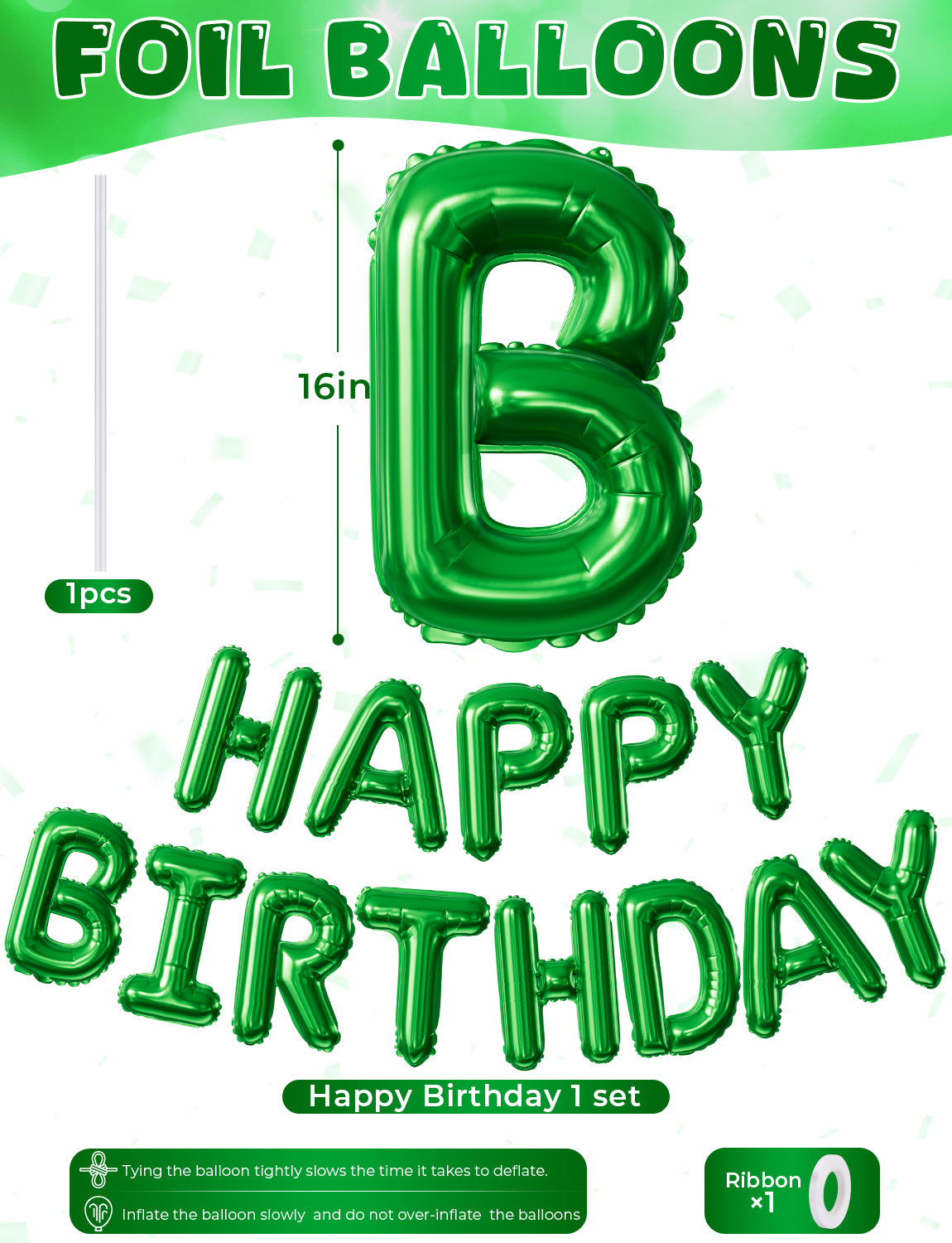 Green Happy Birthday Balloon Banner, 16 Inch Foil Letter Balloons, Green Birthday Decorations for Men Boys Girls, Jungle Dinosaur Gaming Soccer Indoor Outdoor Party Supplies