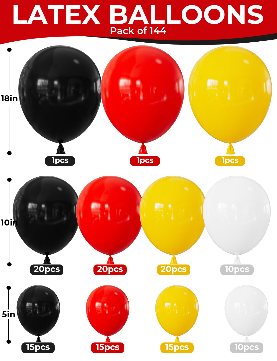 Red Yellow Black Balloon Garland Arch Kit for Cartoon Party Decor 144 Pcs Red Yellow Black Balloons with Polka Dots, Star Foil Balloons, Cartoon Theme Birthday, Baby Shower Party Decor