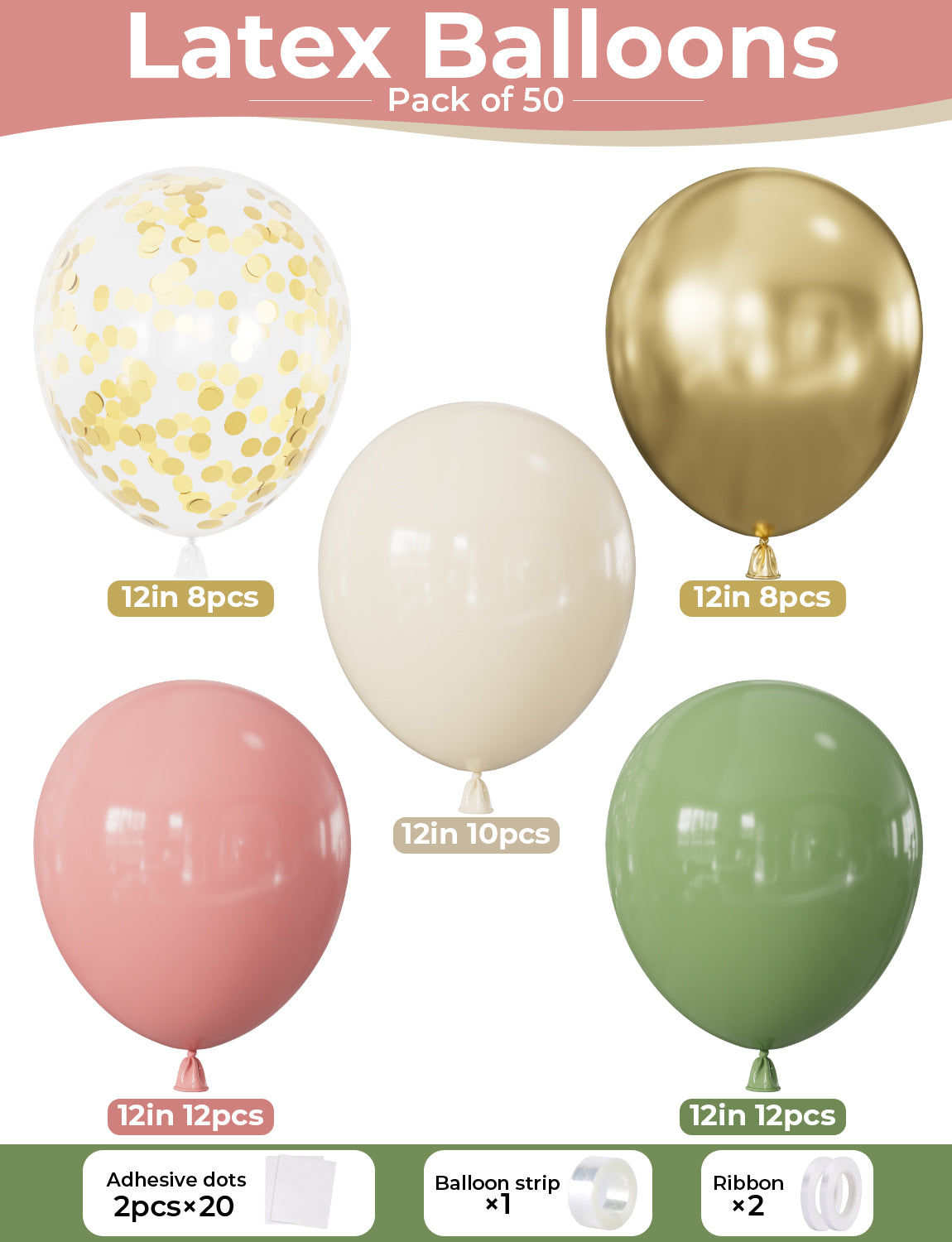 Pink and Green Balloons, 50pcs 12in Boho, Latex Party Decor | Sage Green Blush Pink Gold Confetti Baby in Bloom Balloons for Baby Shower Decoration, Girls Birthday, Bridal Shower, Wedding