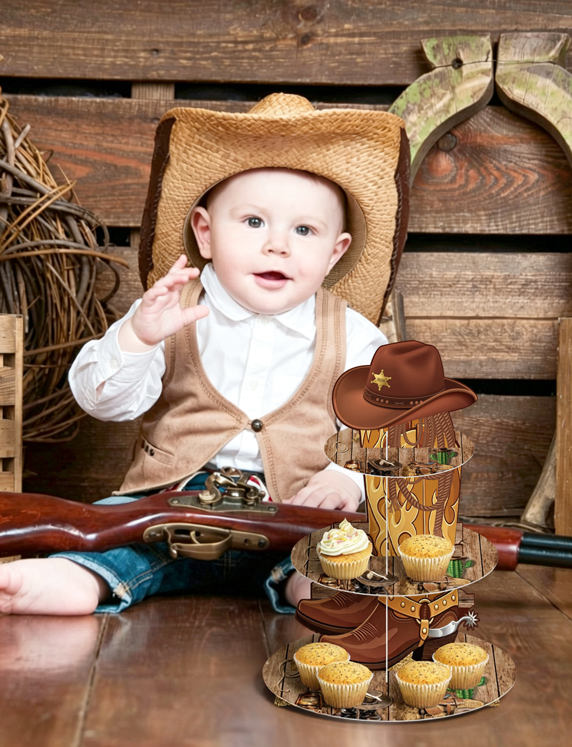 3 Tier Western Cupcake Stand, Cowboy Cupcake Holder for Birthday Western Cup Cake Stand for Dessert Table Display, Cardboard Cupcake Stand for Wild West Birthday Baby Shower Decorations
