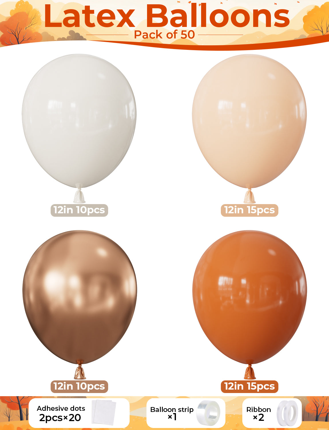 Fall Balloons, 12 Inch 50 Pcs, Burnt Orange Thanksgiving Decor | Burnt Orange White Metallic Copper Autumn Balloons for Fall Harvest, Thanksgiving, Birthday, Baby Shower, Wedding Decor