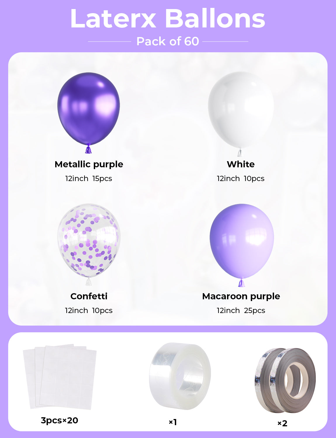 Haolongfa Pastel Purple Balloons, 12 Inch 60pcs Purple and White Balloons with Confetti Balloons, Lavender Lilac Balloons for Mother's Day/Birthday/Baby Shower/Graduation/Wedding Decorations