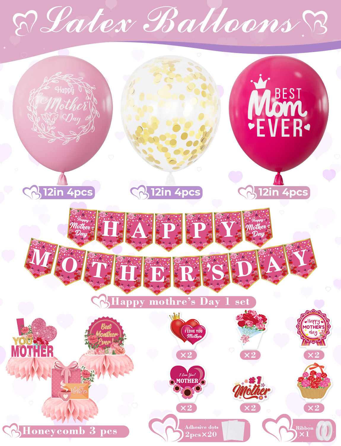 Mothers Day Decorations Set, Pink Happy Mothers Day Banner with Mom Printed Balloons, Cupcake Toppers and Honeycomb Centerpieces, All-in-1 Best Mom Party Supplies for Mother's Day Celebration