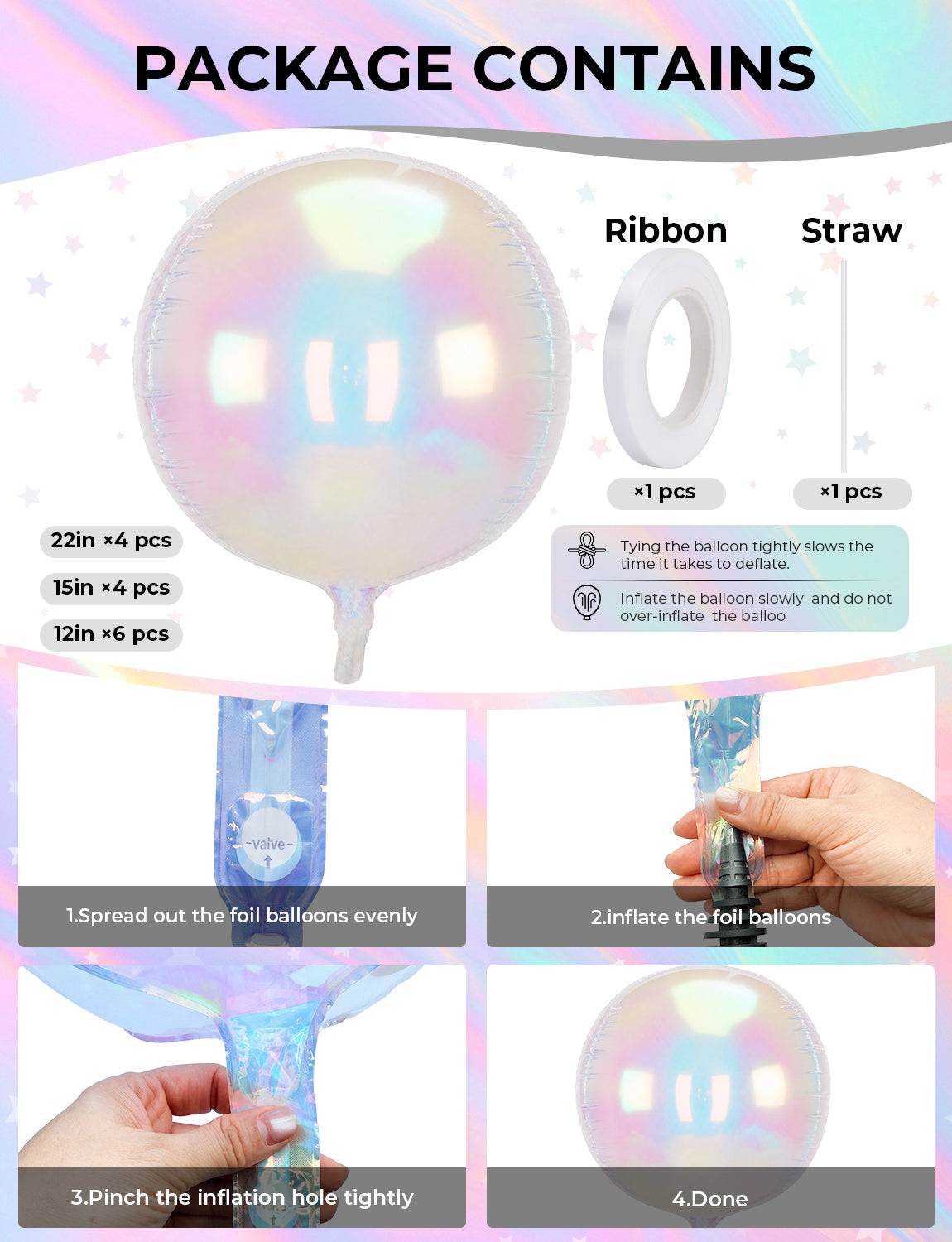 Iridescent Round Foil Balloons, 22/15/12in 4D Holographic Balloon 14 Pcs Large Iridescent Round Balloons in 3 Sizes for Air or Helium, Birthdays, Baby Showers, Disco, Mermaid Party Decor