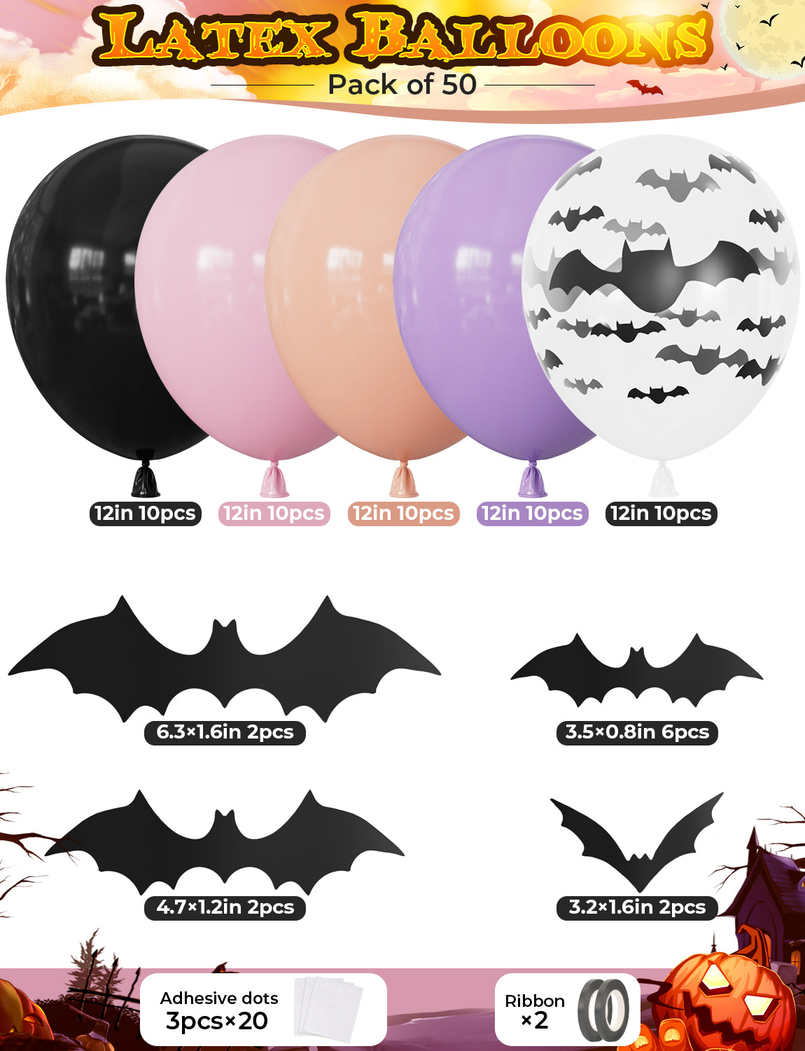 Halloween Balloons, Pastel Latex Balloons for Halloween Decor 12In Black, Purple and Pink Balloons with Bat Print and 3D Bat Stickers for Cute Ghost Spooky Halloween, Birthday Party Decor